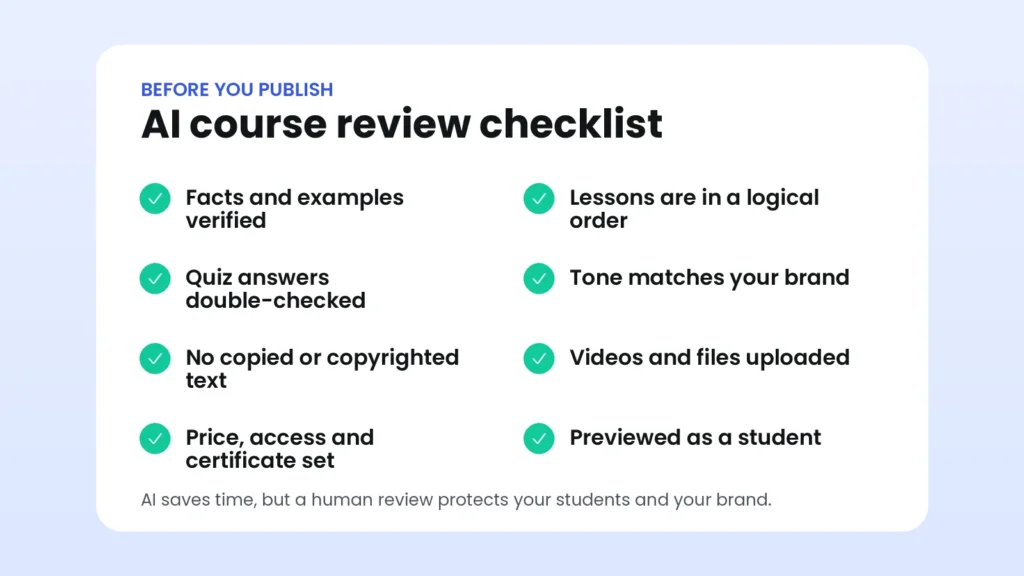 Checklist of eight checks before publishing an AI-created Tutor LMS course, including fact checking, quiz answers, copyright, uploads, pricing and previewing as a student