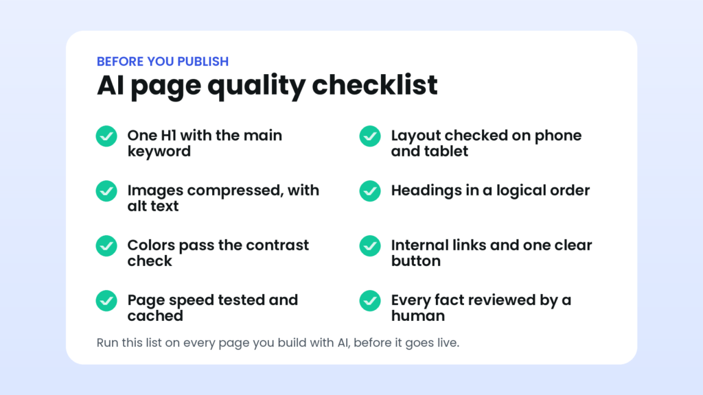 Checklist of eight quality checks to run on an Elementor page built with AI before publishing