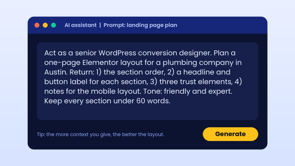 Example AI prompt asking for an Elementor landing page layout with sections, headlines, trust elements and mobile notes