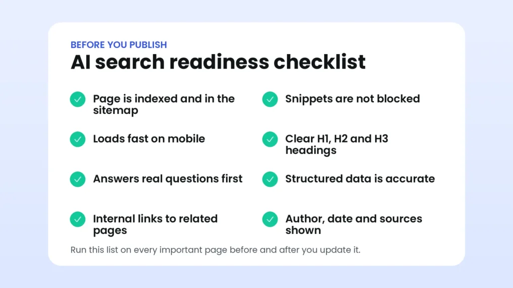 Checklist of eight checks for a WordPress page to be ready for AI search, including indexing, snippets, speed, headings, structured data and internal links
