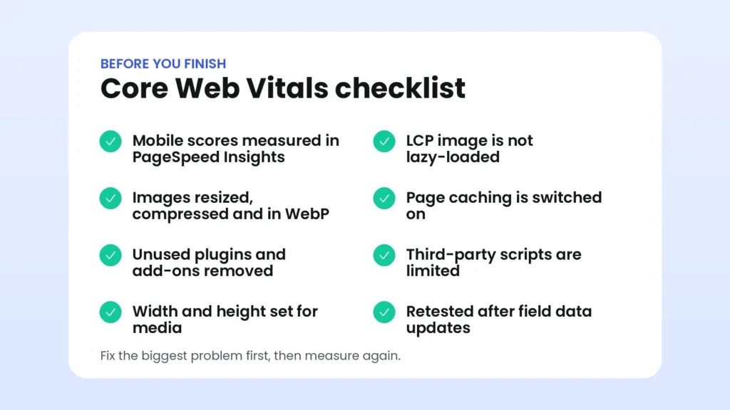 Checklist of eight checks for improving Core Web Vitals on WordPress, including measuring mobile scores, image optimization, caching, plugin cleanup and retesting
