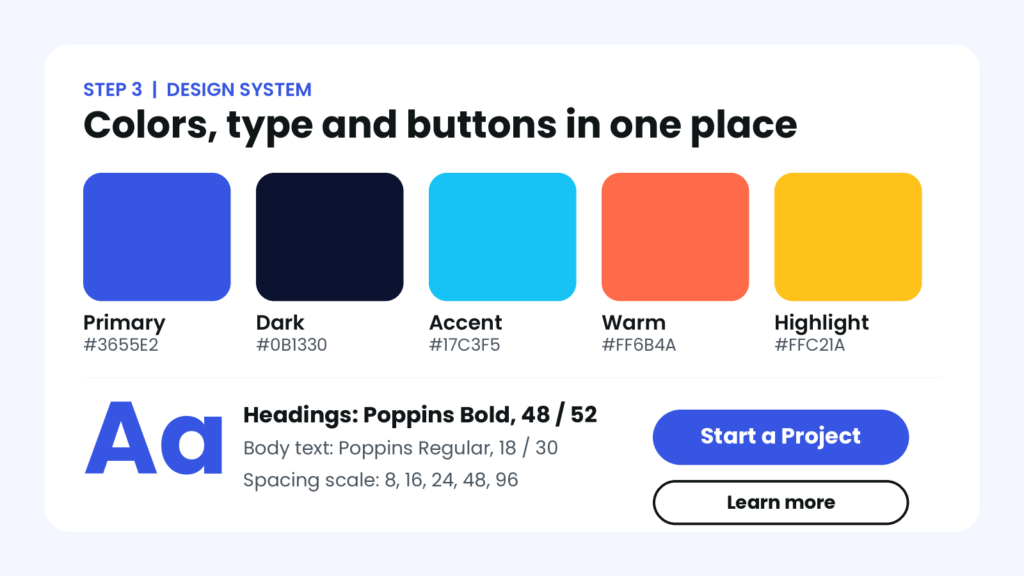 Example design system with five brand colors, heading and body fonts and two button styles for an Elementor page