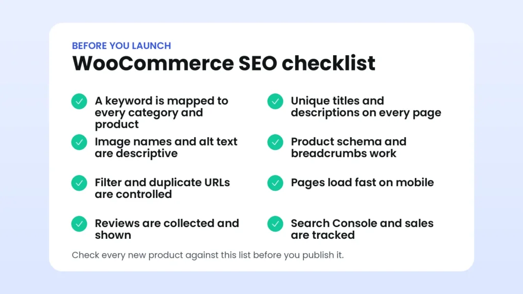Checklist of eight WooCommerce SEO checks including keywords, unique titles and descriptions, image alt text, product schema, duplicate URL control, mobile speed, reviews and tracking