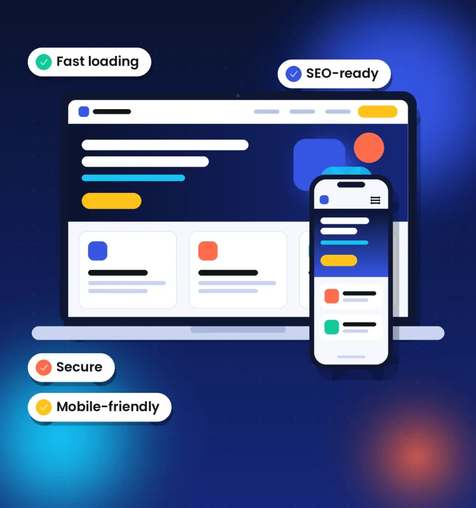 WordPress development agency workspace showing a responsive website on a laptop and phone with fast, secure and SEO-ready checks